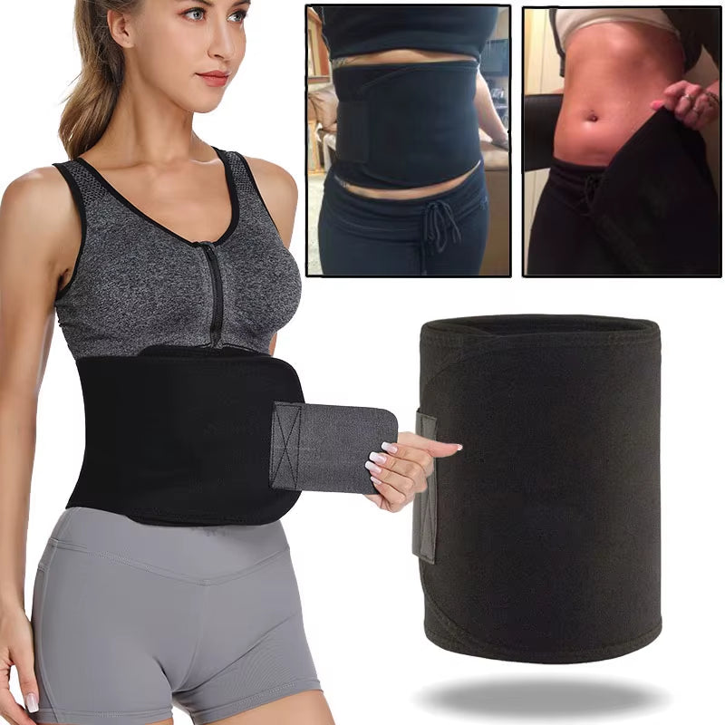 Woman wearing Neoprene Waist Trainer (Black) - Results shown in top corner.